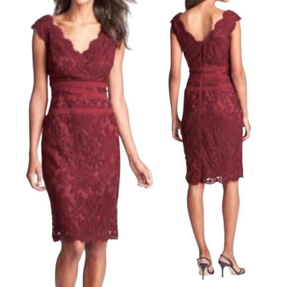 Tadashi Shoji Embroidered Lace Sheath Cocktail Dress VNeck Burgundy Red Womens 4